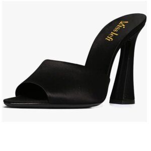 miss left Black Pointy Toe High Heeled Mules Slip On Chunky Heel Slide Sandals